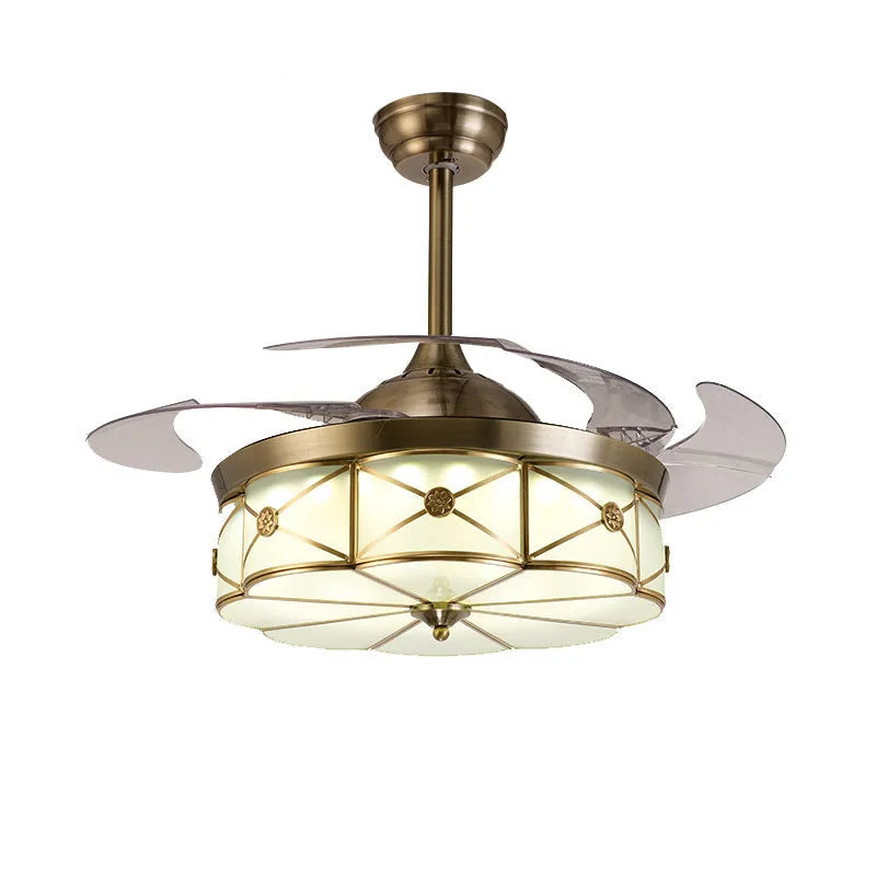 Gold ceiling fan light with invisible blades and remote control, 42-inch diameter with LED lighting
