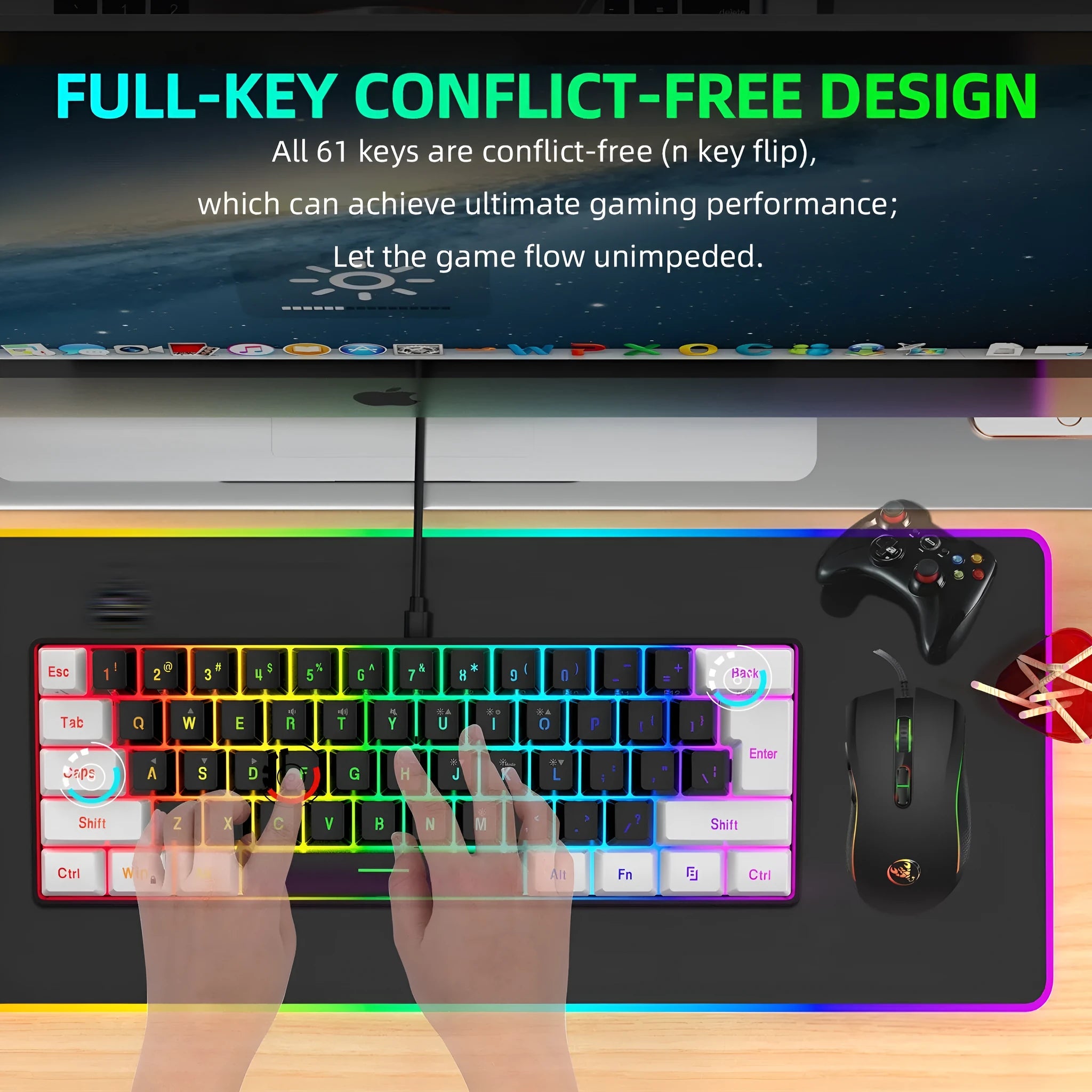 Wireless black and white keyboard and mouse suit with backlight illumination on desk
