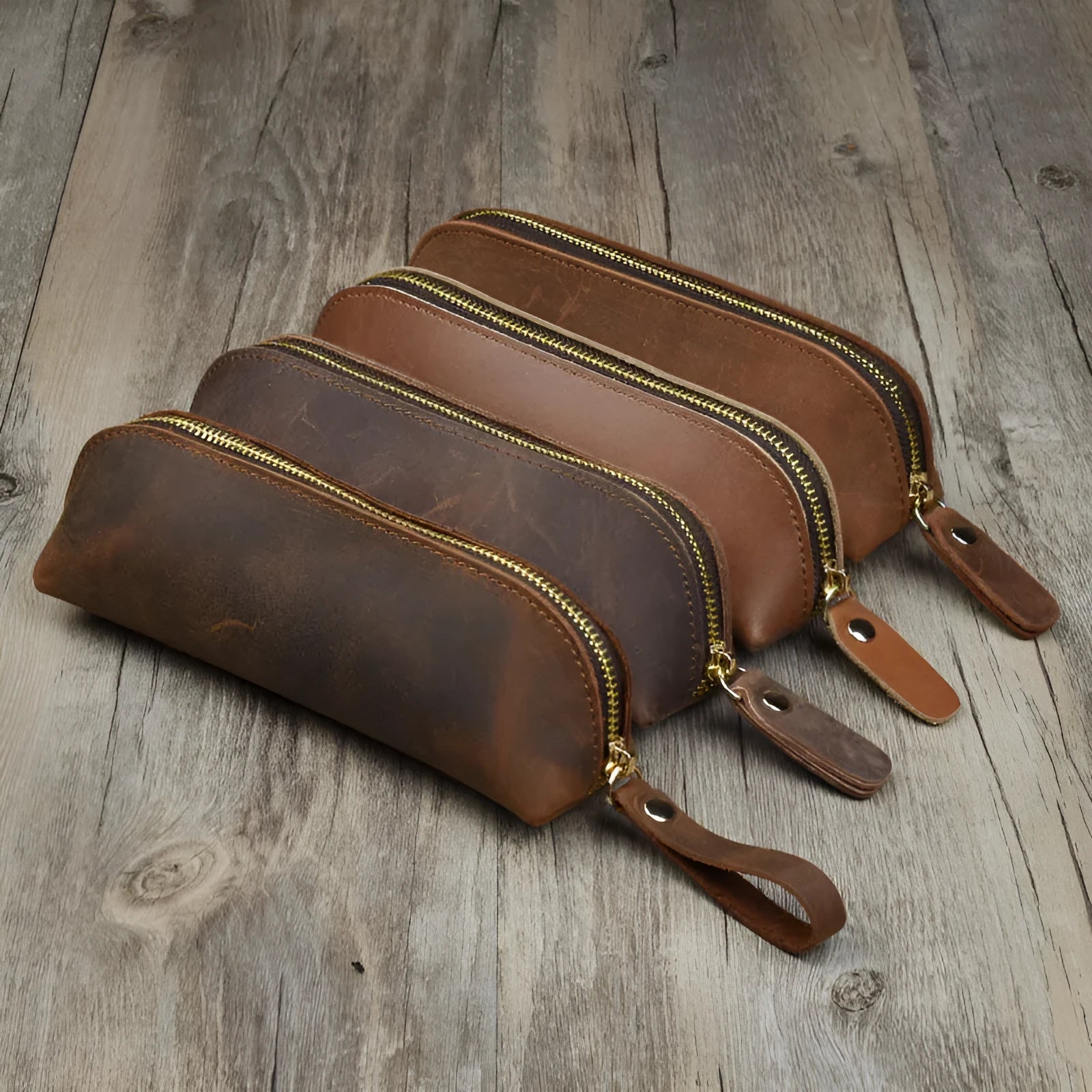 Genuine cowhide leather handmade square pencil and glasses case with zipper, in black.