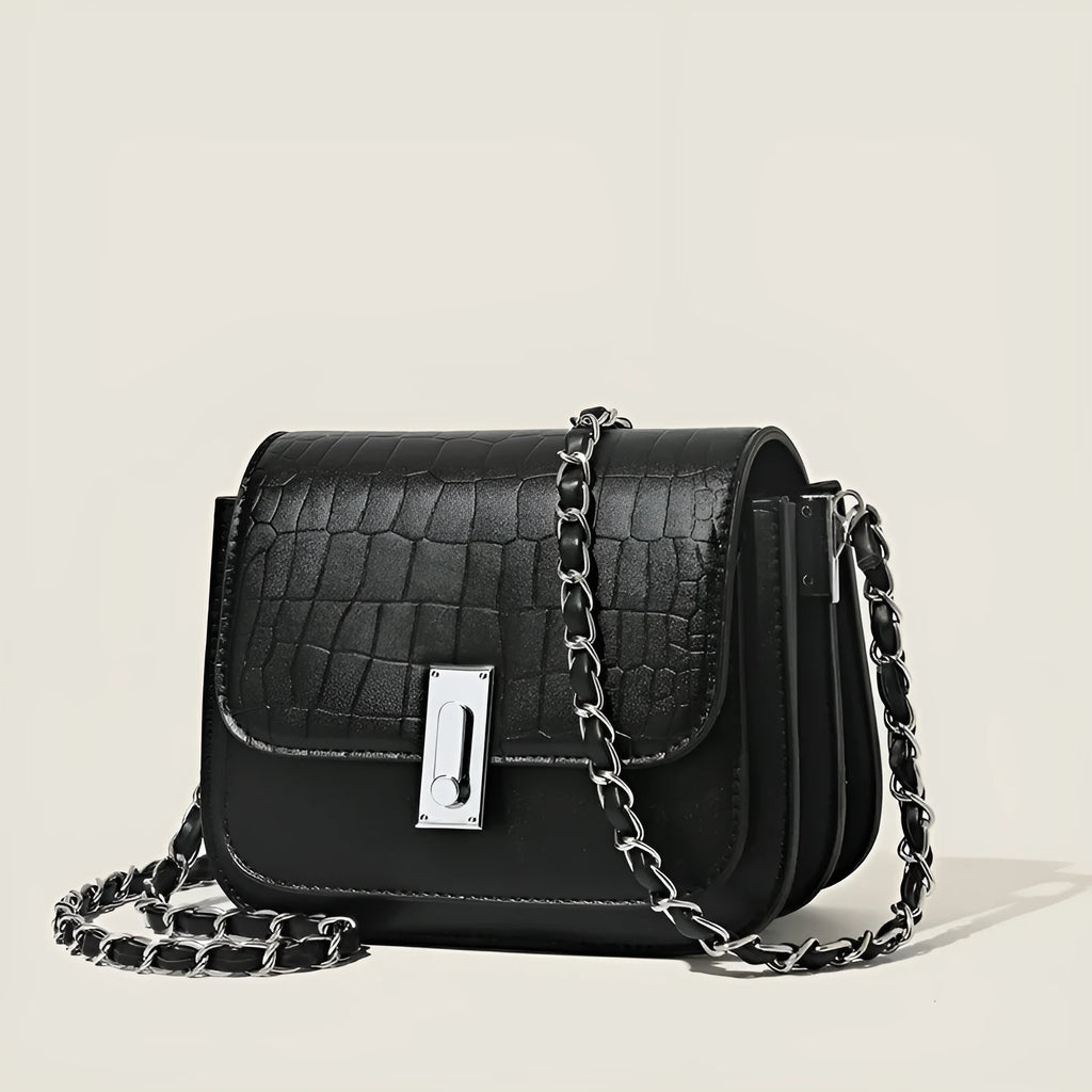 Women's soft PU chain strap shoulder bag in horizontal square shape with mobile phone compartment