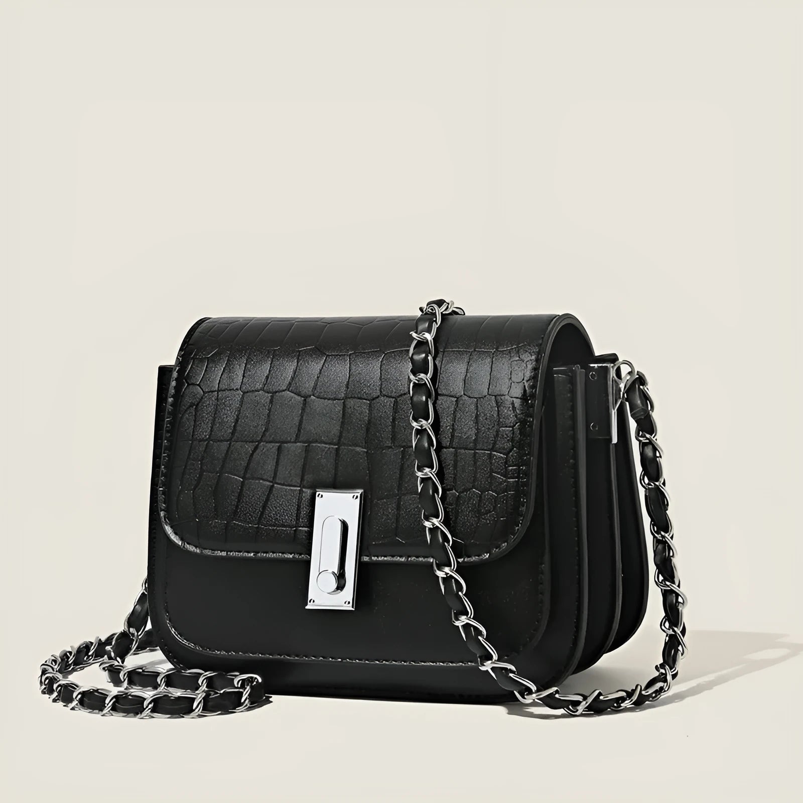 Women's soft PU chain strap shoulder bag in horizontal square shape with mobile phone compartment