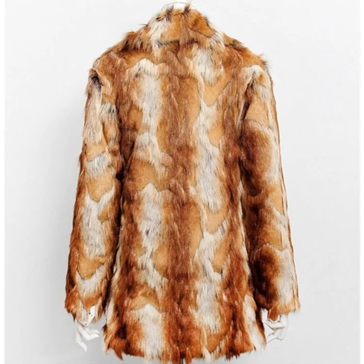 Women's tiger pattern faux fur jacket with long sleeves, shown in a medium 65cm length streetwear style.