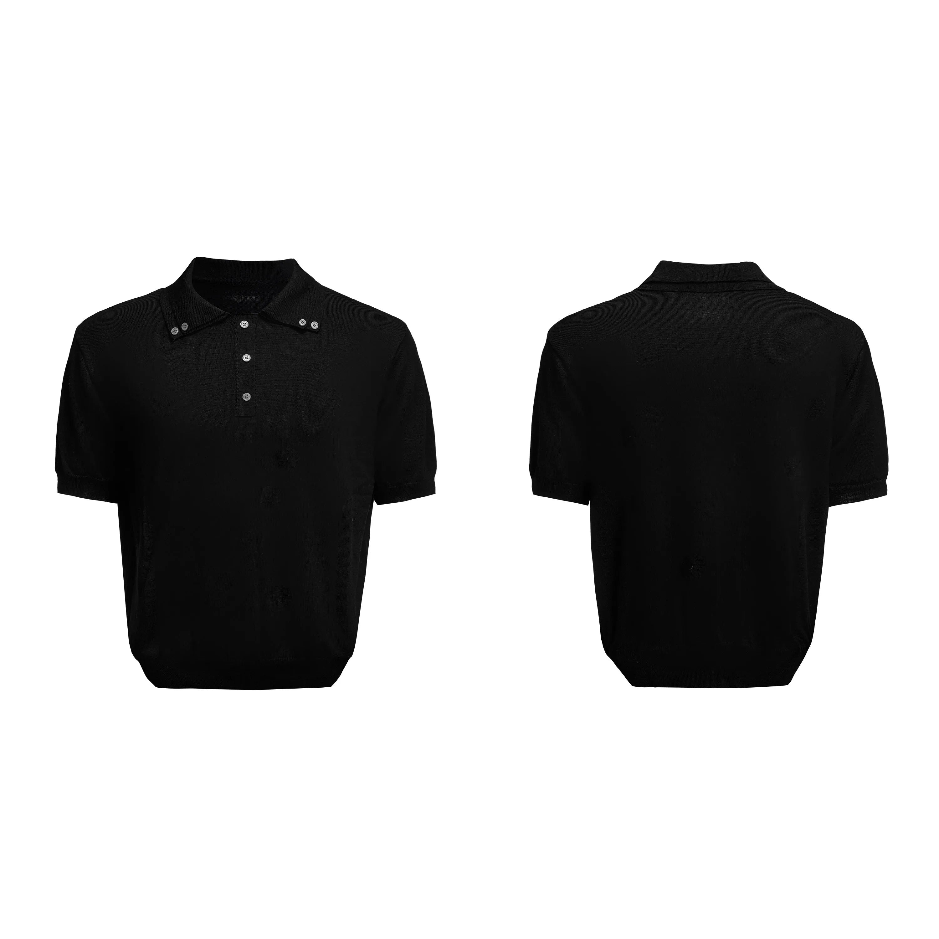 Men's black short sleeve shirt with double lapel collar in loose fit