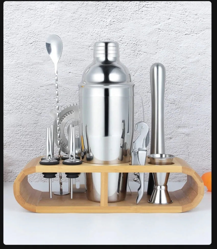 23-piece stainless steel cocktail set with European style bar tools including wine mixers