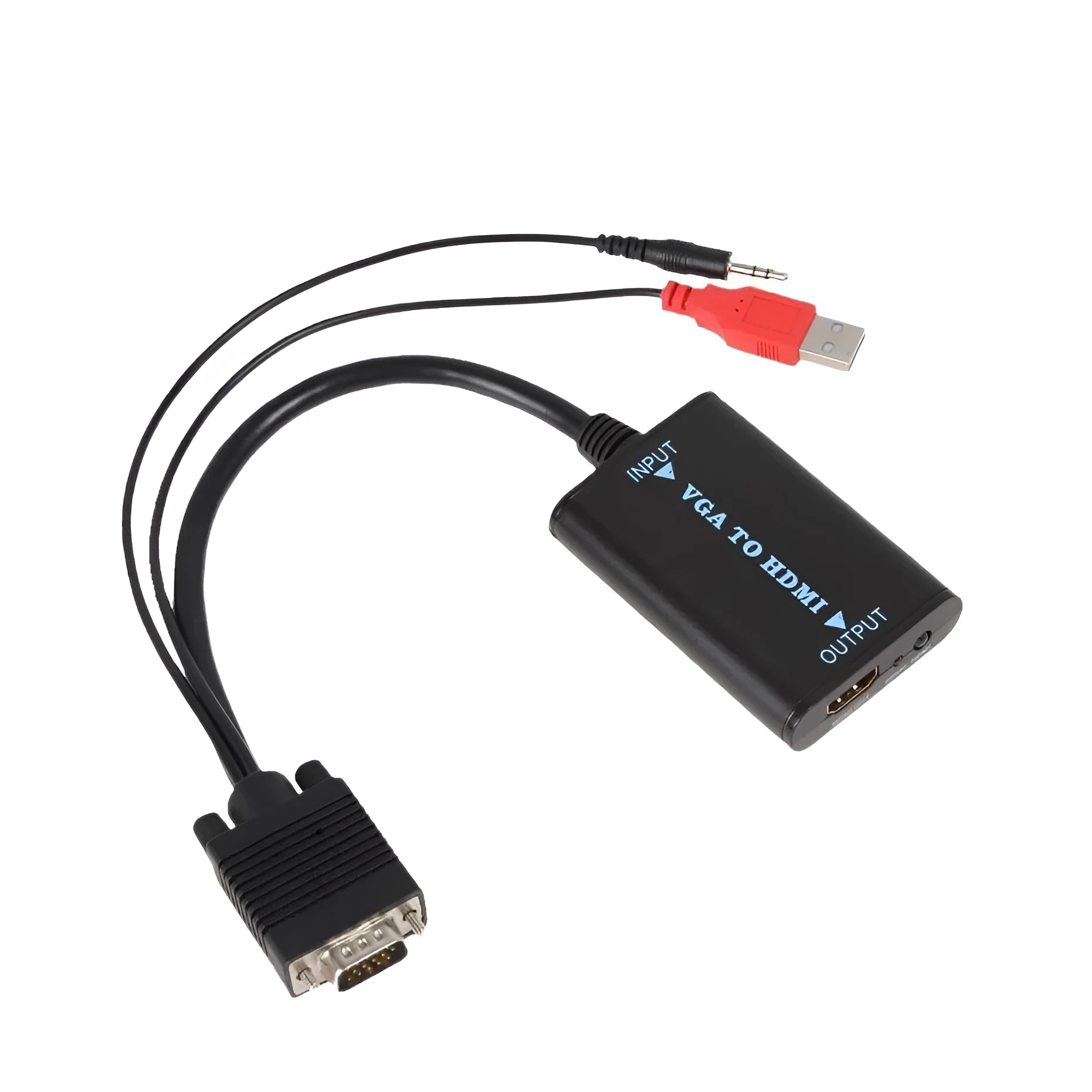 Black VGA to HDMI converter with USB cable for connecting computers to monitors with audio support