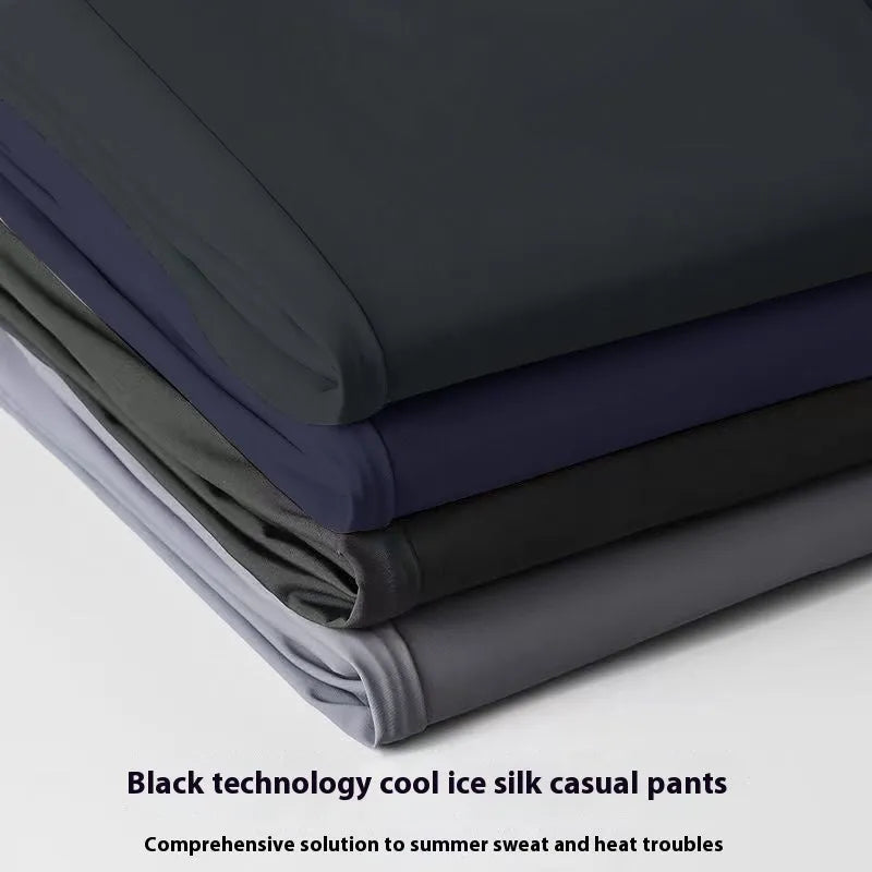 Men's black ice silk loose-fit straight-leg casual trousers with elasticated waist.