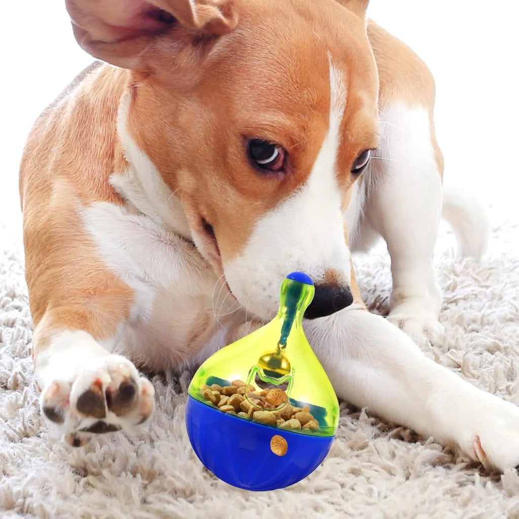 Blue interactive pet treat dispenser tumbler ball for dogs and cats on a wooden floor