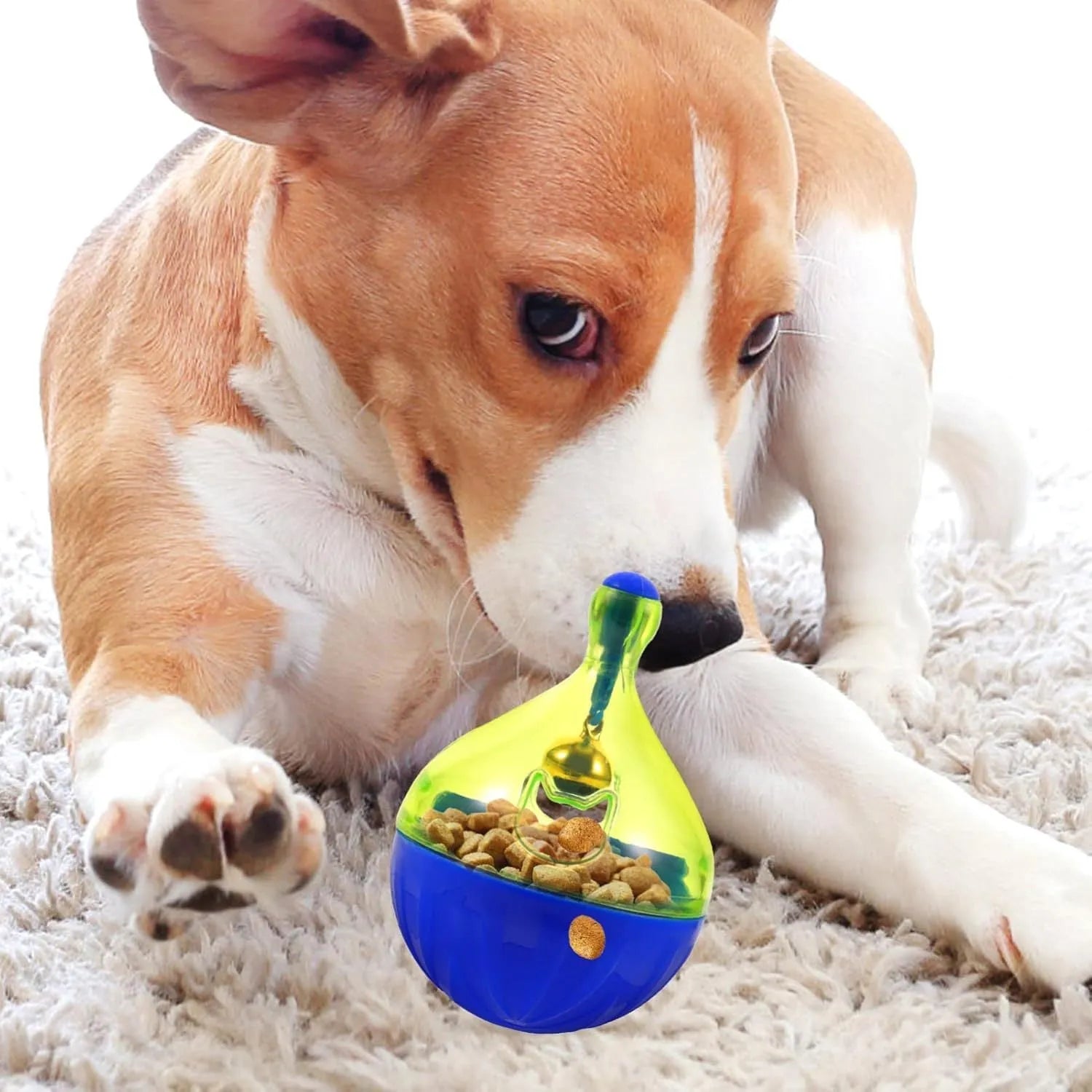 Blue interactive pet treat dispenser tumbler ball for dogs and cats on a wooden floor
