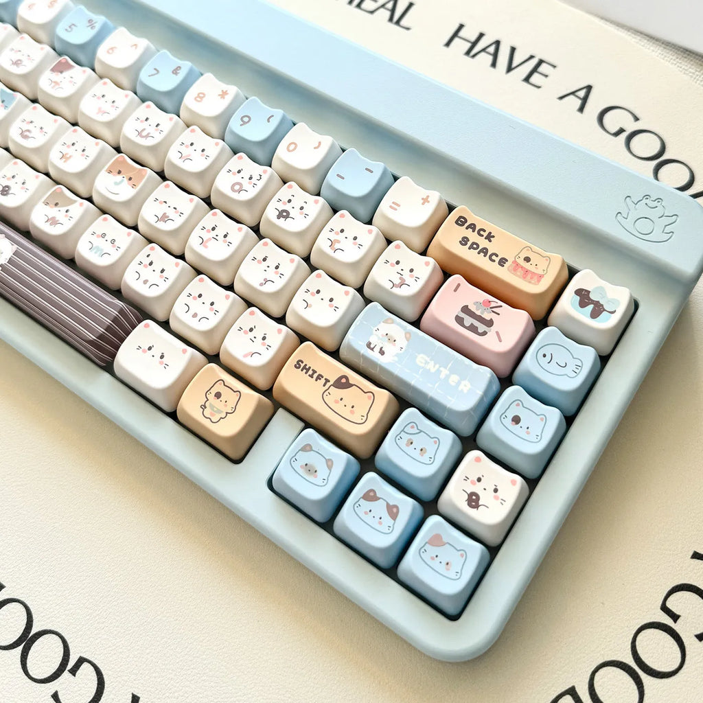 Sea Salt Cat themed PBT keycap set with March past Space and 7u supplement options for mechanical keyboards