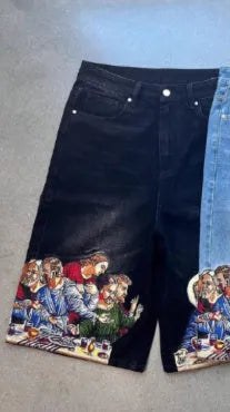 Blue men's cotton shorts with a Jesus design printed on the back pocket, showing tapered leg.