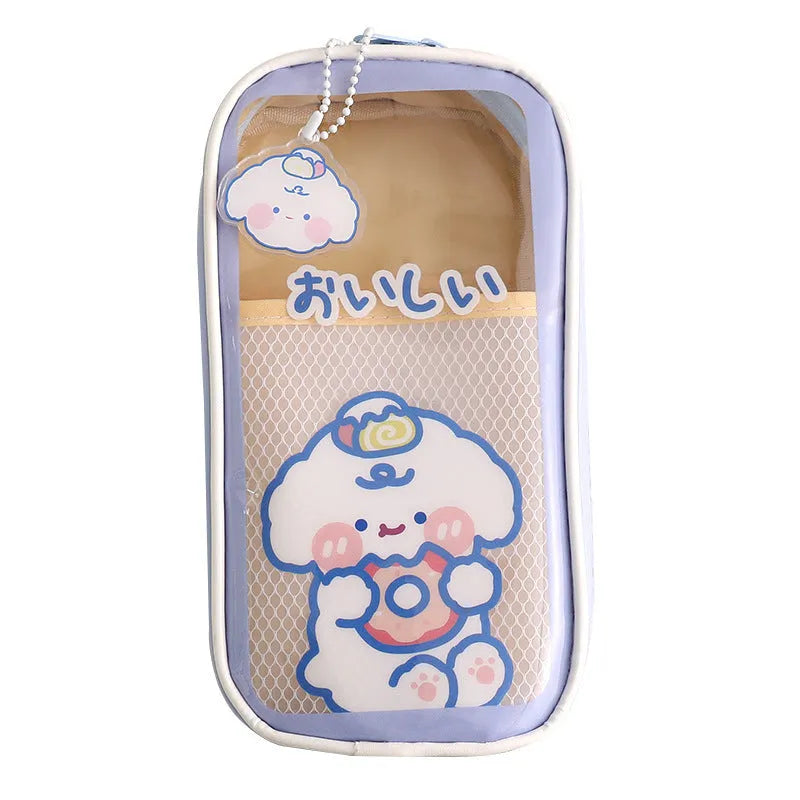 Transparent PVC pencil case with cartoon design options including caramel bear, pink floral rabbit, and water blue happy dog patterns