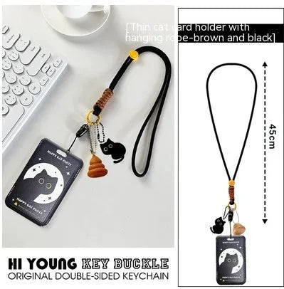 Cartoon black cat plastic card holder with metal keychain pendant for transport and student cards
