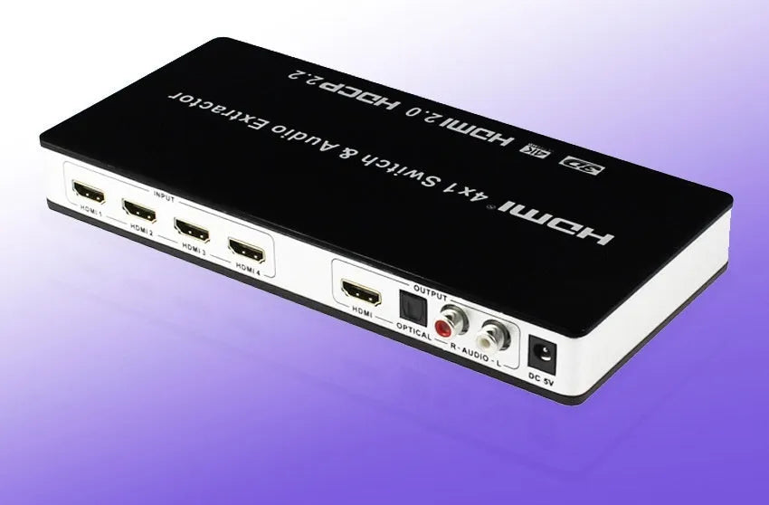 Black HDMI audio video switch with four input ports, one output port, remote control and power adapter