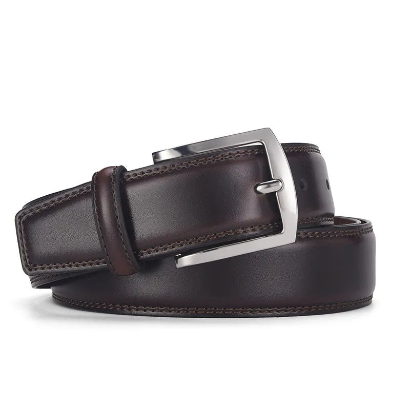 Men's black leather belt with a silver alloy pin buckle on a white background