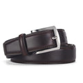 Men's black leather belt with a silver alloy pin buckle on a white background