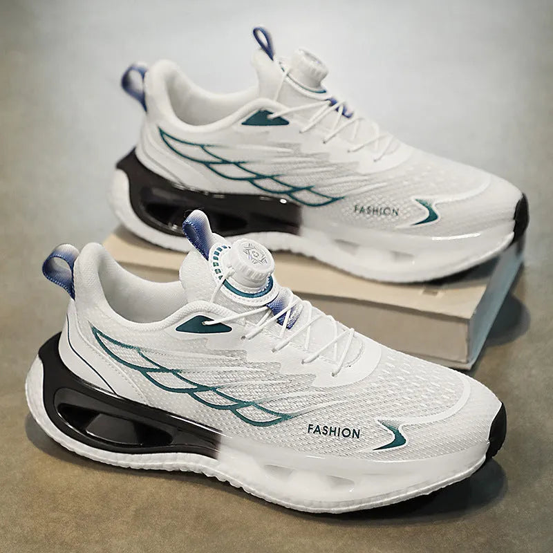 Low-top men's sneaker with rotating button, mesh upper, and solid rubber sole in light blue.