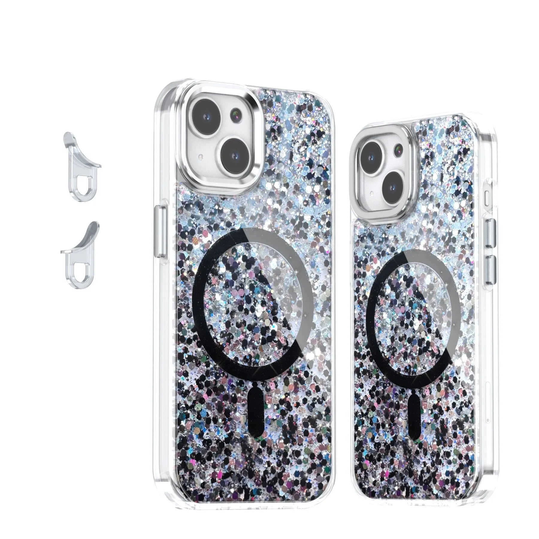 Transparent TPU phone case with sequins, glitter, and epoxy finish for iPhone, magnetic attraction, spray finish, multiple colour options
