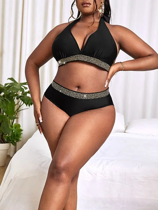 Black plus size women's bikini set with bra and shorts for swimming and sports