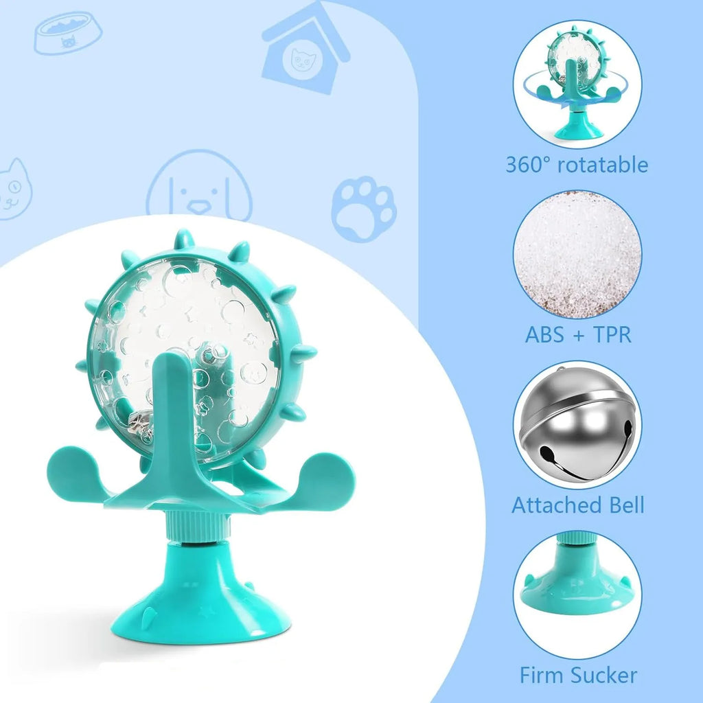 Interactive pet spinner feeder toy in blue green red yellow colours with floor sucker for cats and small dogs