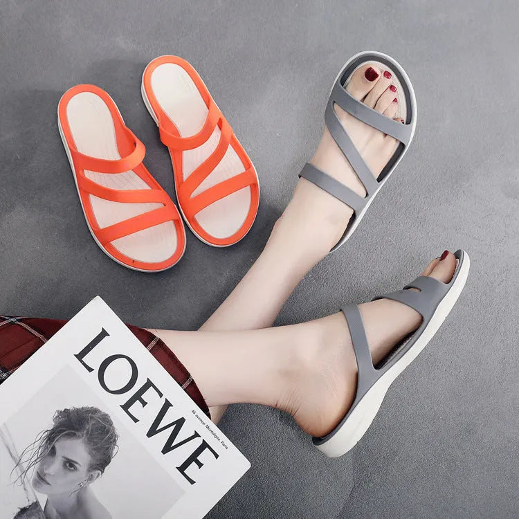 Women's casual summer sandals in a solid colour with a PP upper, shown in one of six available colours.