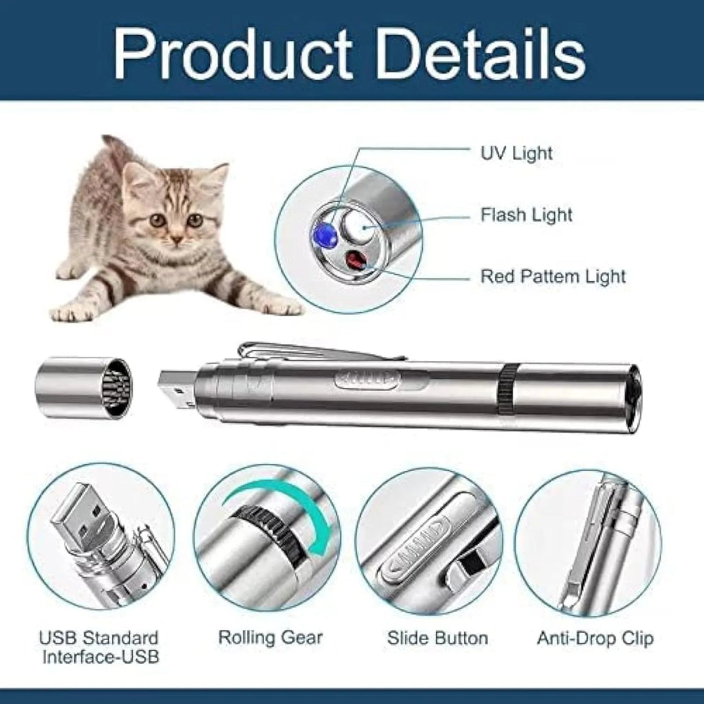 Silver aluminium cat laser pointer toy with USB charging port and projection patterns.
