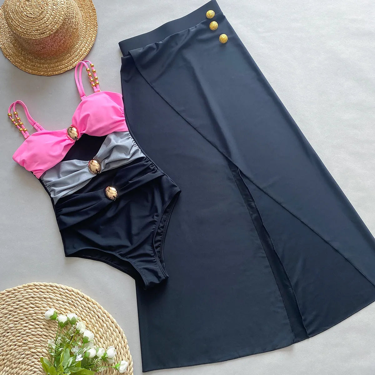 Women's one-piece swimsuit with matching skirt in nylon-lycra fabric, shown in multiple colour options