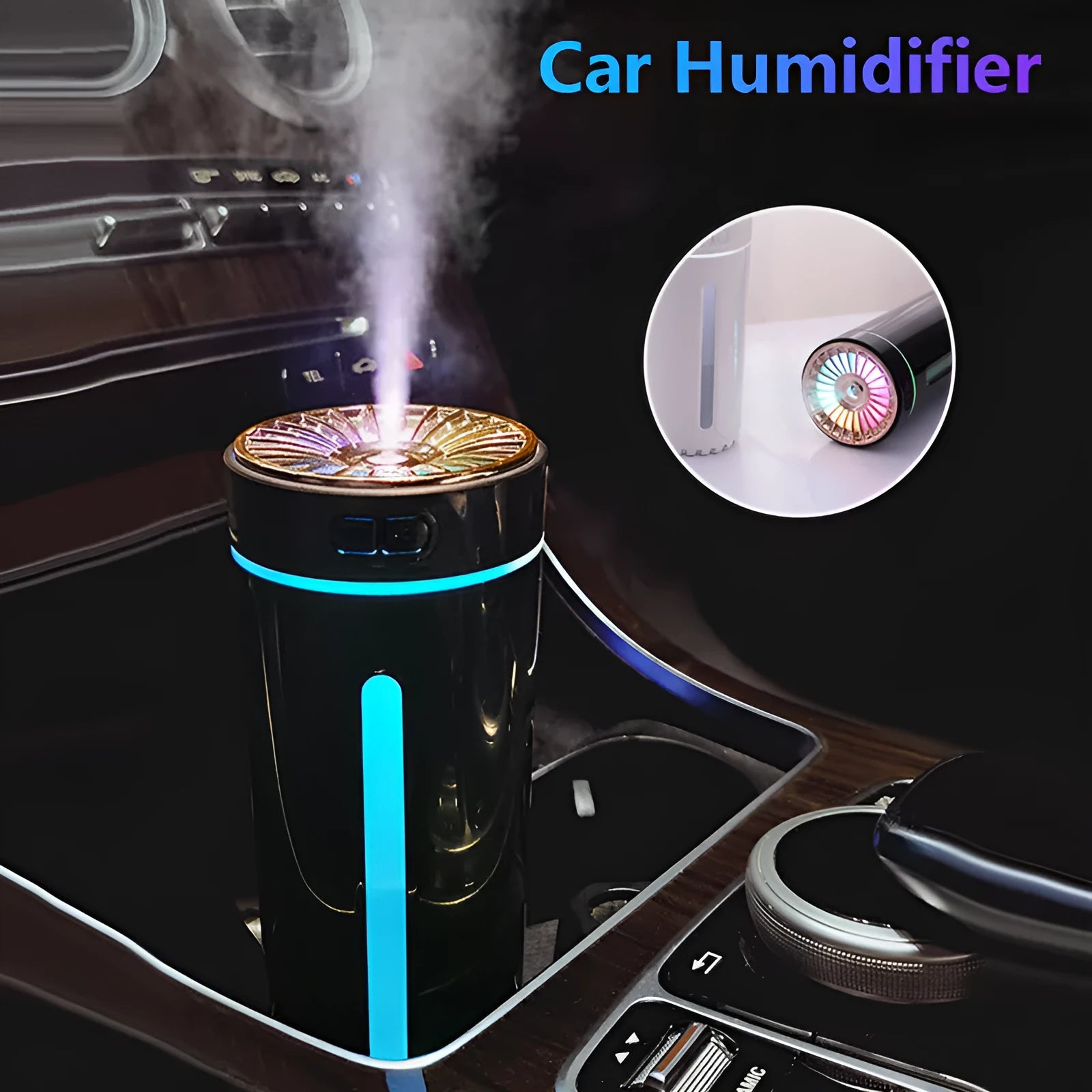 Black portable car humidifier with colourful LED lights showing mist output, placed in vehicle cup holder