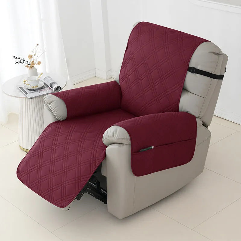Quilted burgundy polyester spandex cover on a Chivas massage chair.