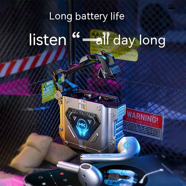Silver Bluetooth headset with zinc alloy shell and breathing light on charging compartment