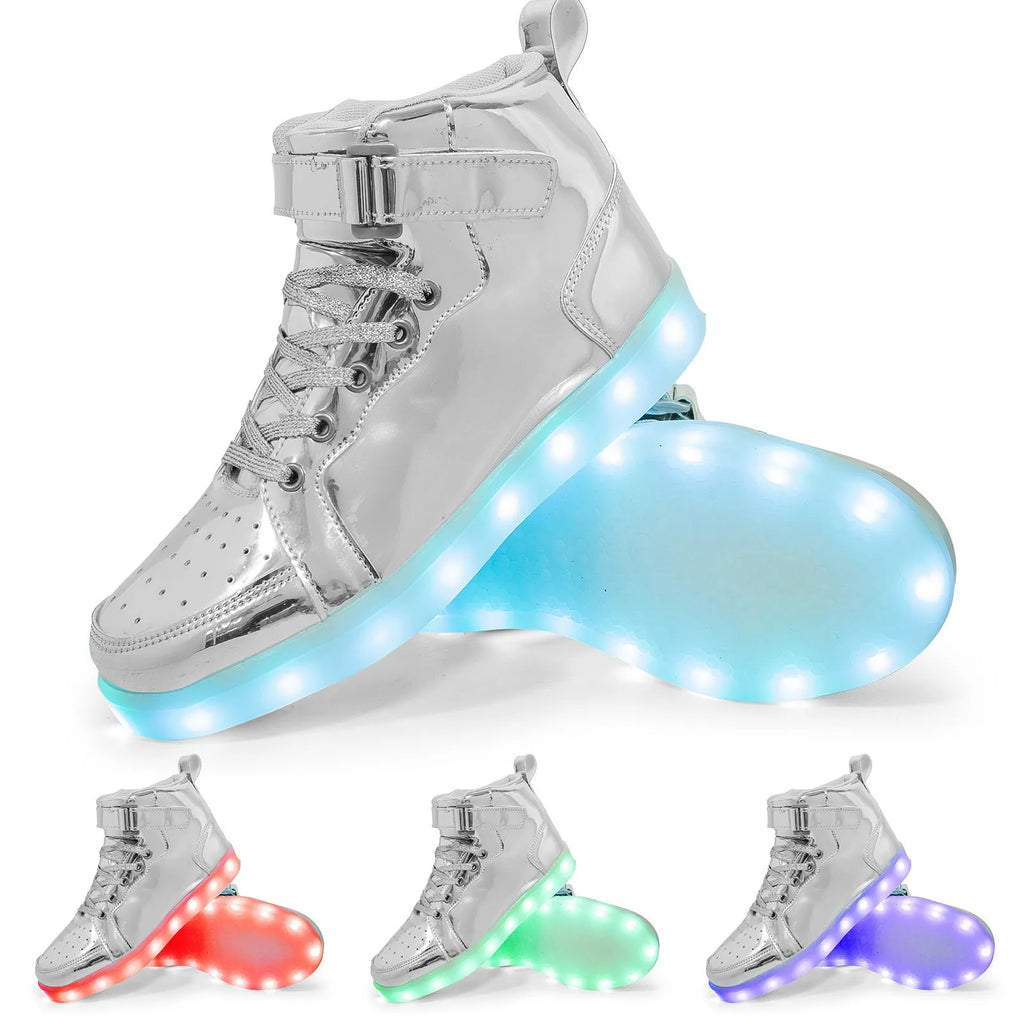 Rechargeable LED light-up high-top board shoes with Velcro closure in black, gold, and white colours