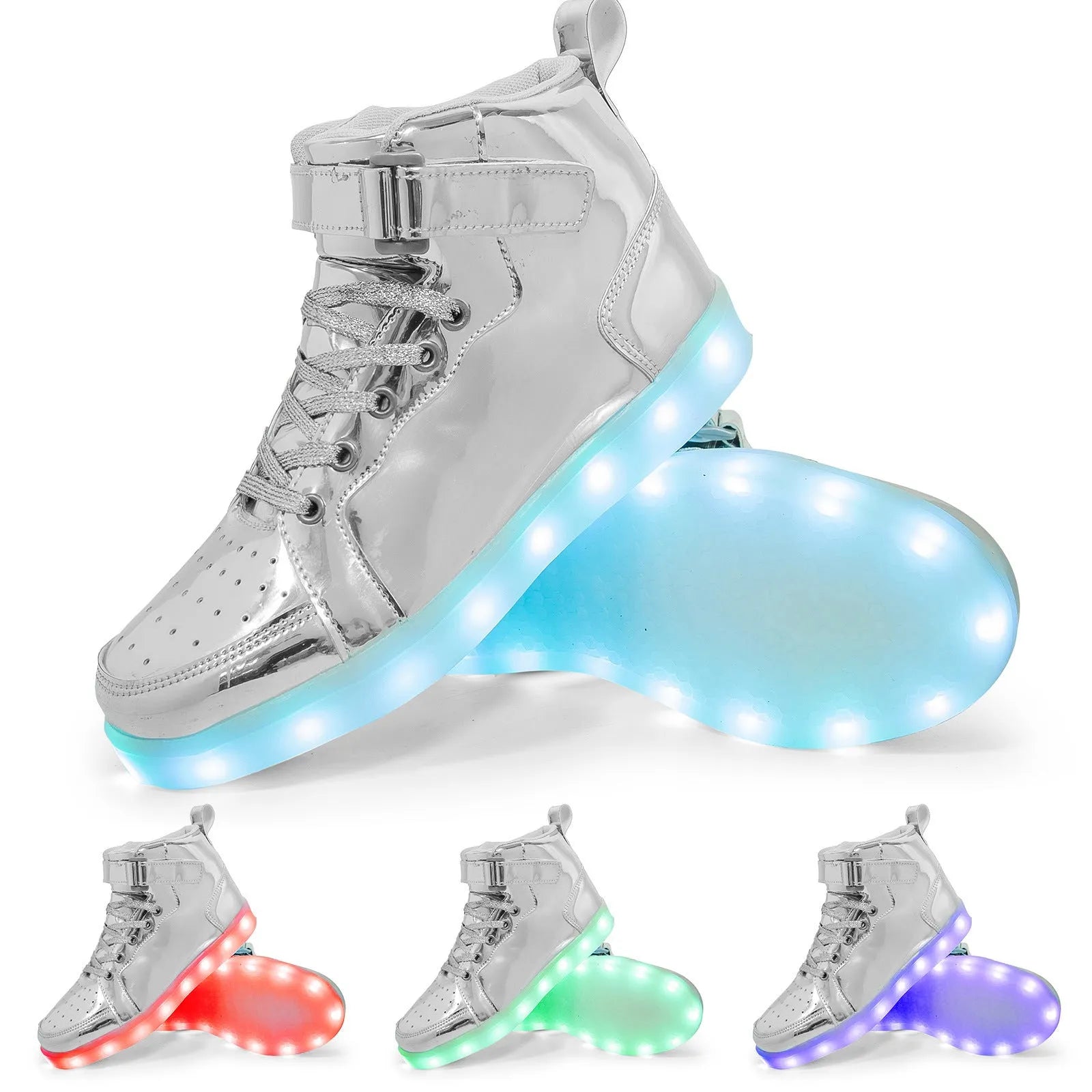 Rechargeable LED light-up high-top board shoes with Velcro closure in black, gold, and white colours