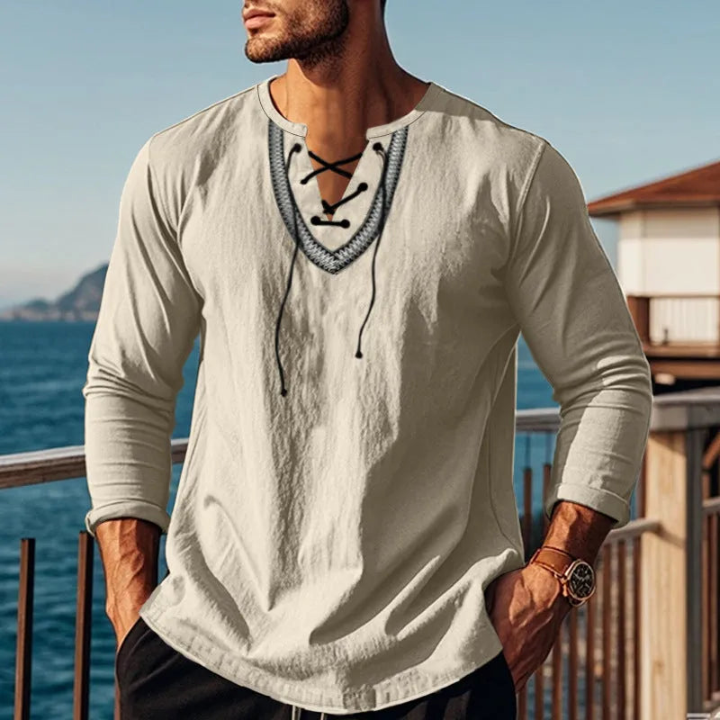 Men's cotton blend pullover shirt in retro ethnic colour block, navy blue colour, loose fit, long sleeves