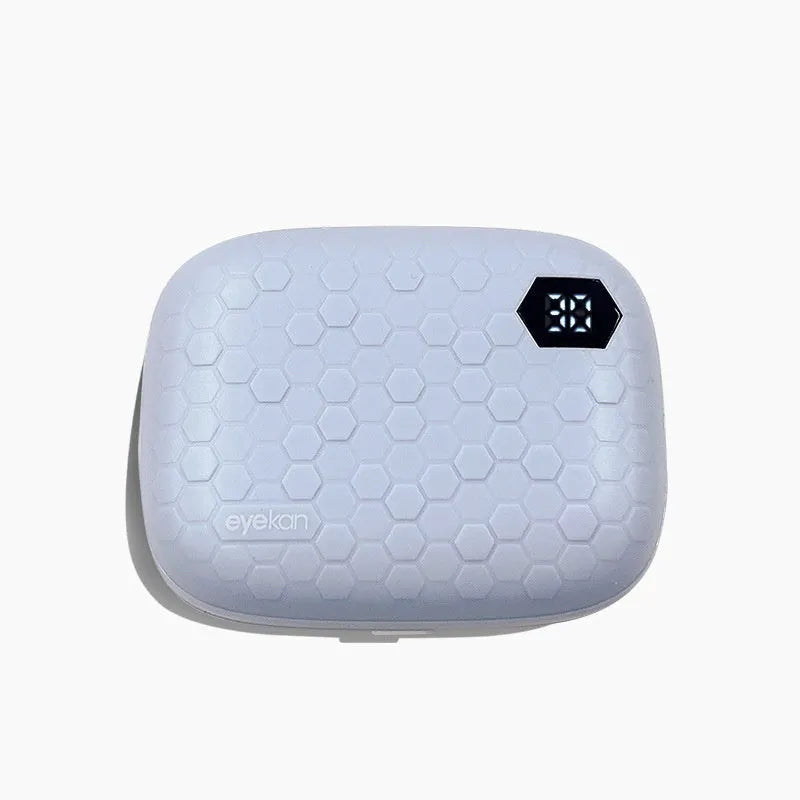 Automatic ultrasonic glasses cleaning machine in pearl white, blue, or pink colours showing compact 85x65x30mm dimensions