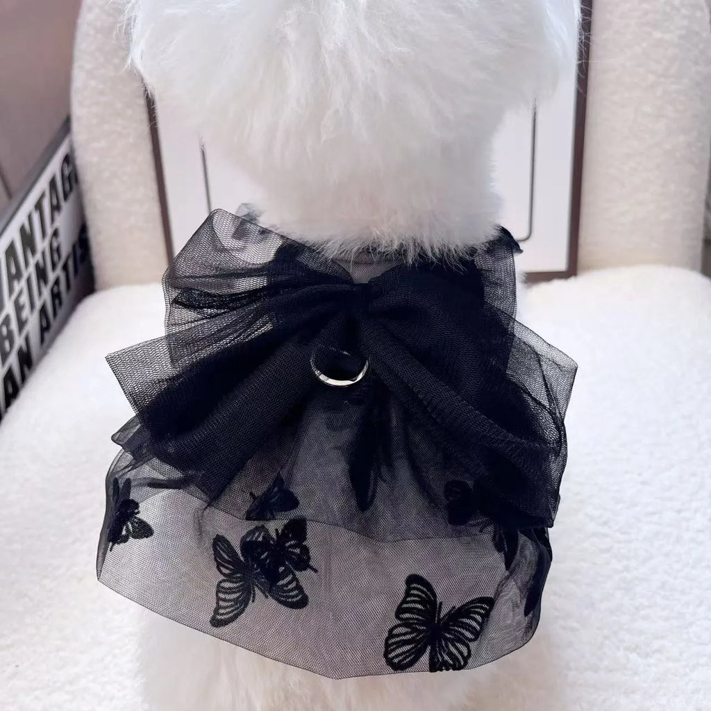 Black tulle princess skirt costume on a small dog, showing the gauze material and fit.