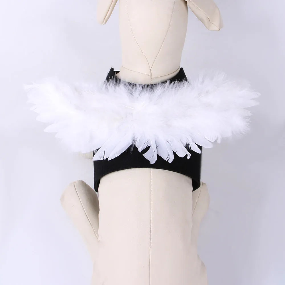 Halloween angel wings dog costume in felt cloth, chest-back design, available in black or white, sizes S M L
