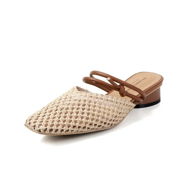 Women's square toe casual slippers with retro thick heel and hollow-out breathable design