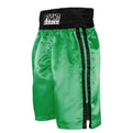 Boxing shorts for kickboxing in black and gold colour combination on a size chart.