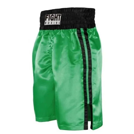 Boxing shorts for kickboxing in black and gold colour combination on a size chart.