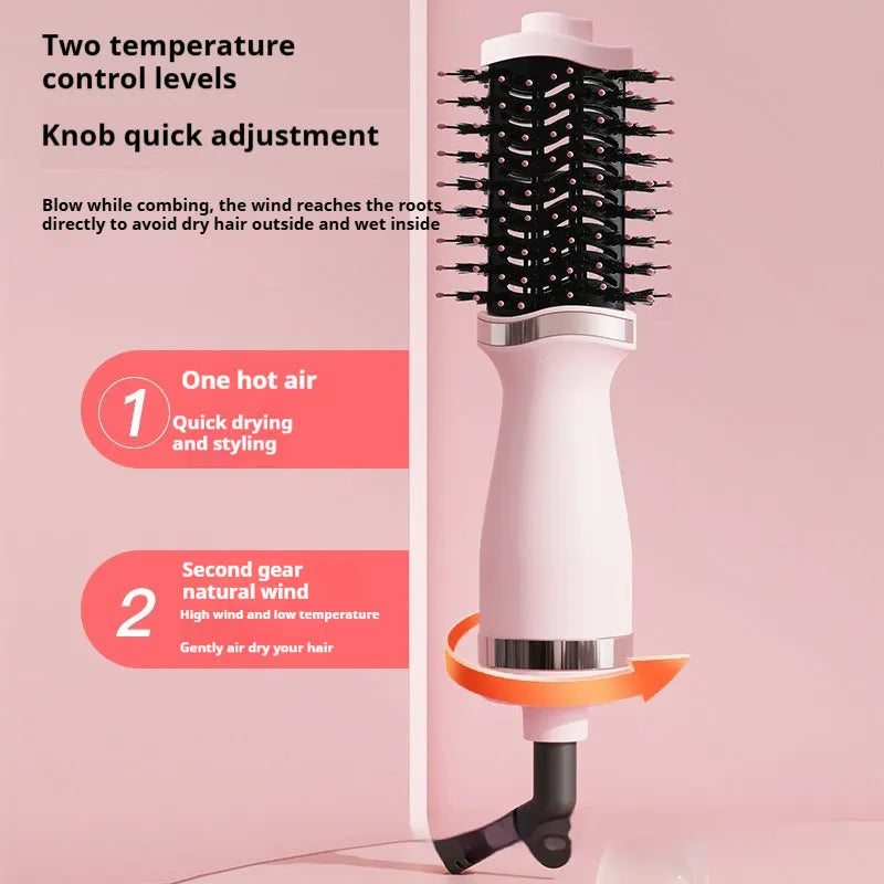 Pink YZM-8015 multifunctional hair dryer with attached comb and curling comb on a white background.