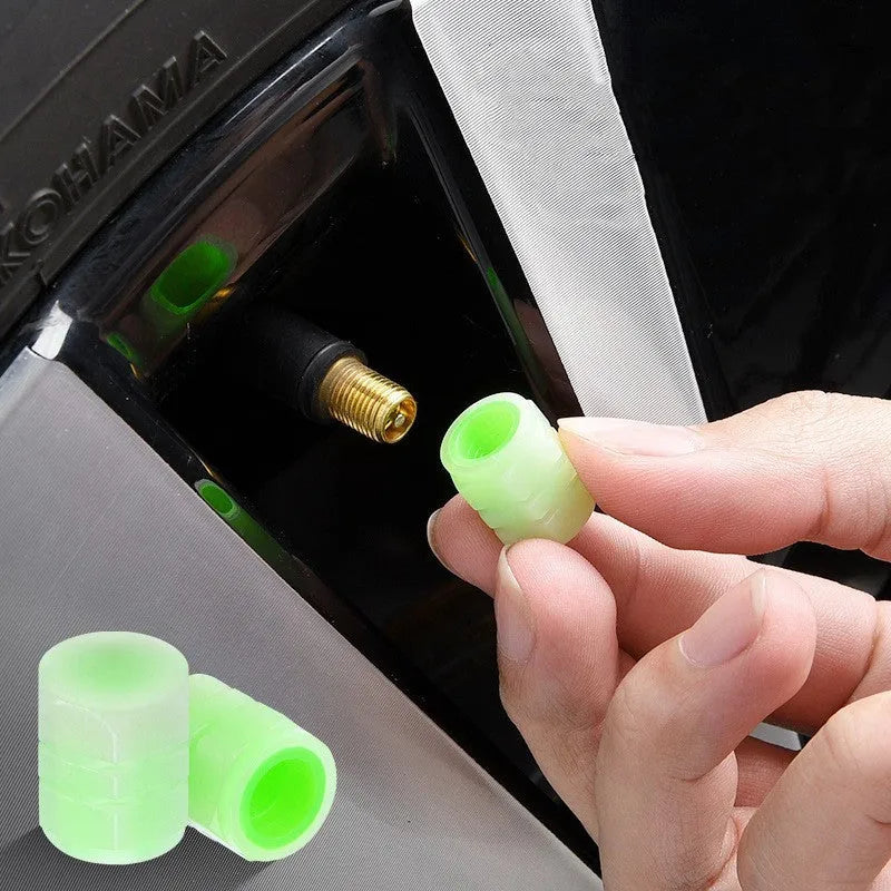 Car luminous rubber valve caps showing glow-in-the-dark feature and 16mm x 12mm size