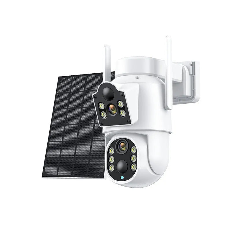 Outdoor solar wireless security camera with solar panel in black and white finish