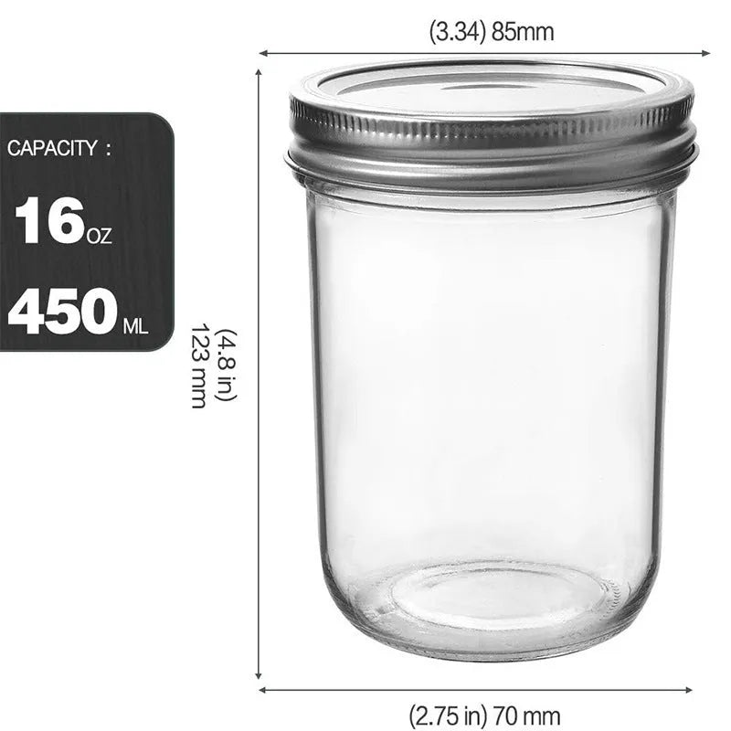 16oz glossy transparent wide mouth glass jar with sealed lid, 6 pack on white surface