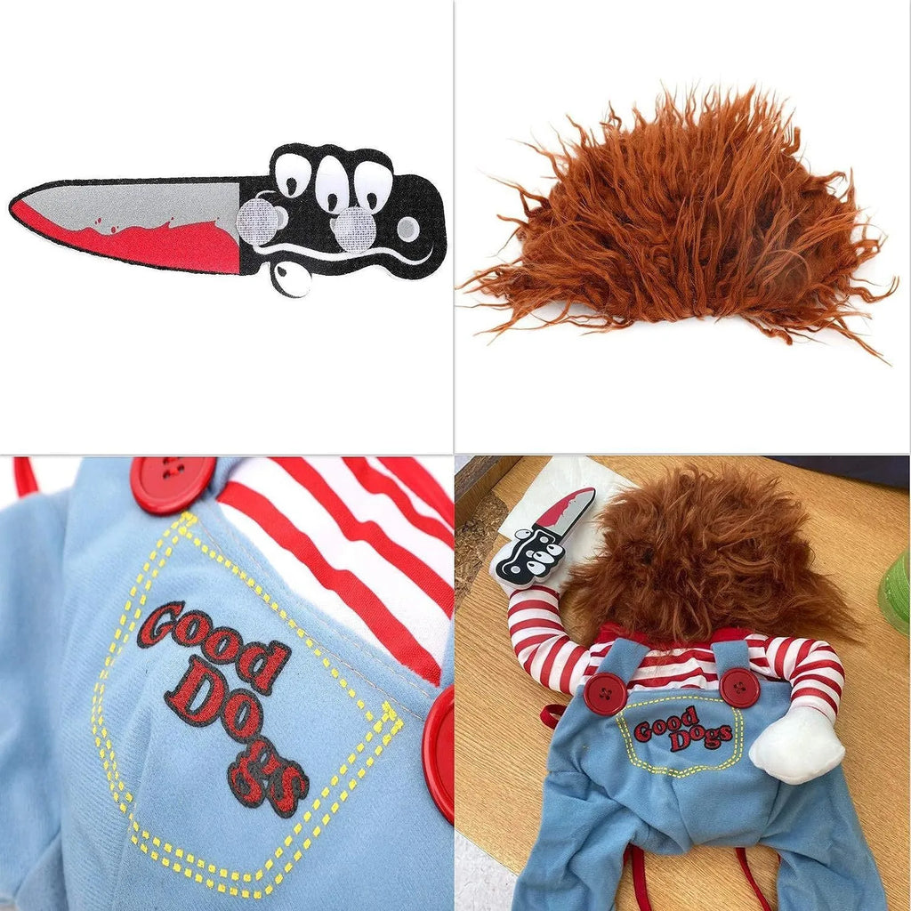 Striped Halloween costume set for pets including vest, pants, and plastic knife accessory