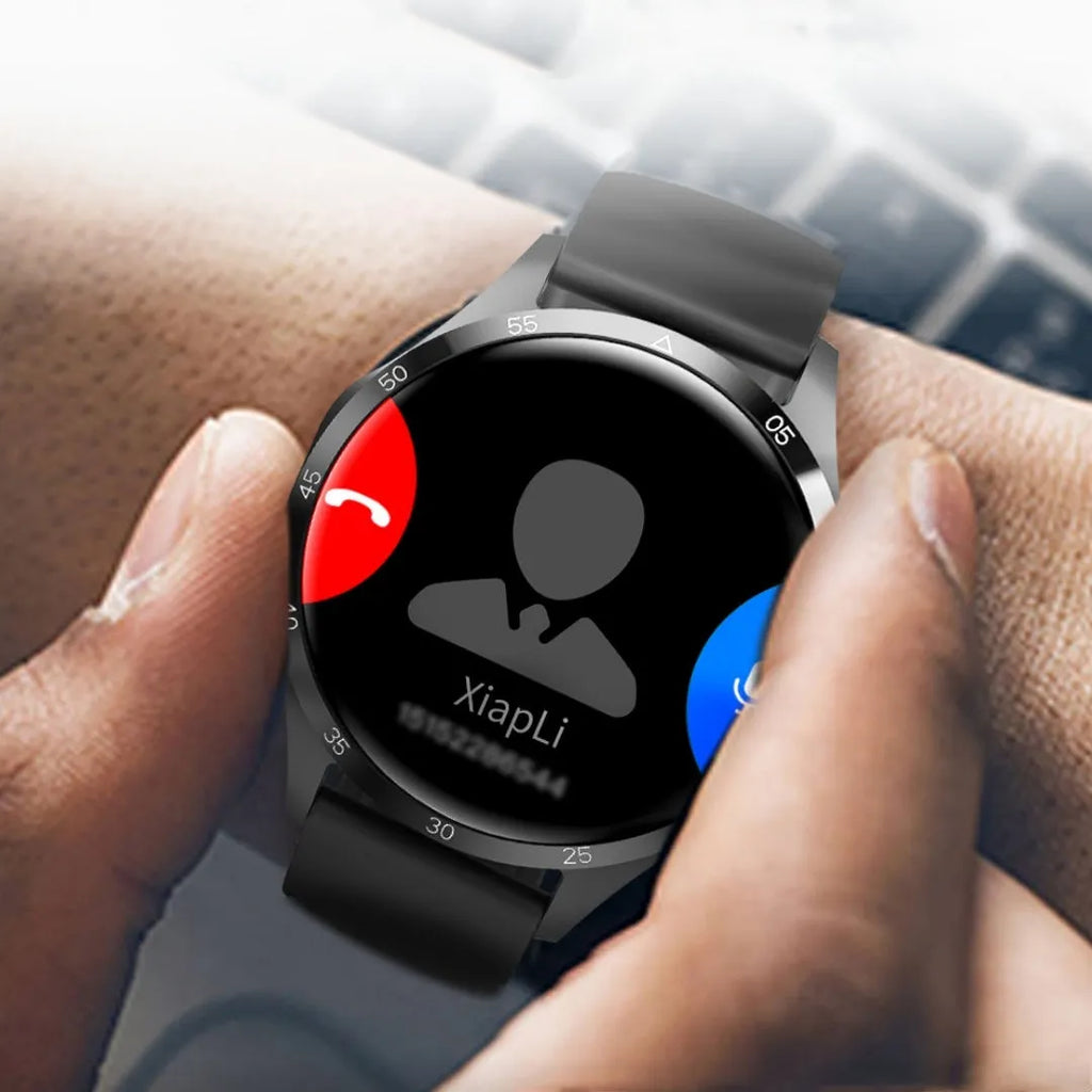 Black smartwatch with Bluetooth call function and health monitoring on a silicone strap