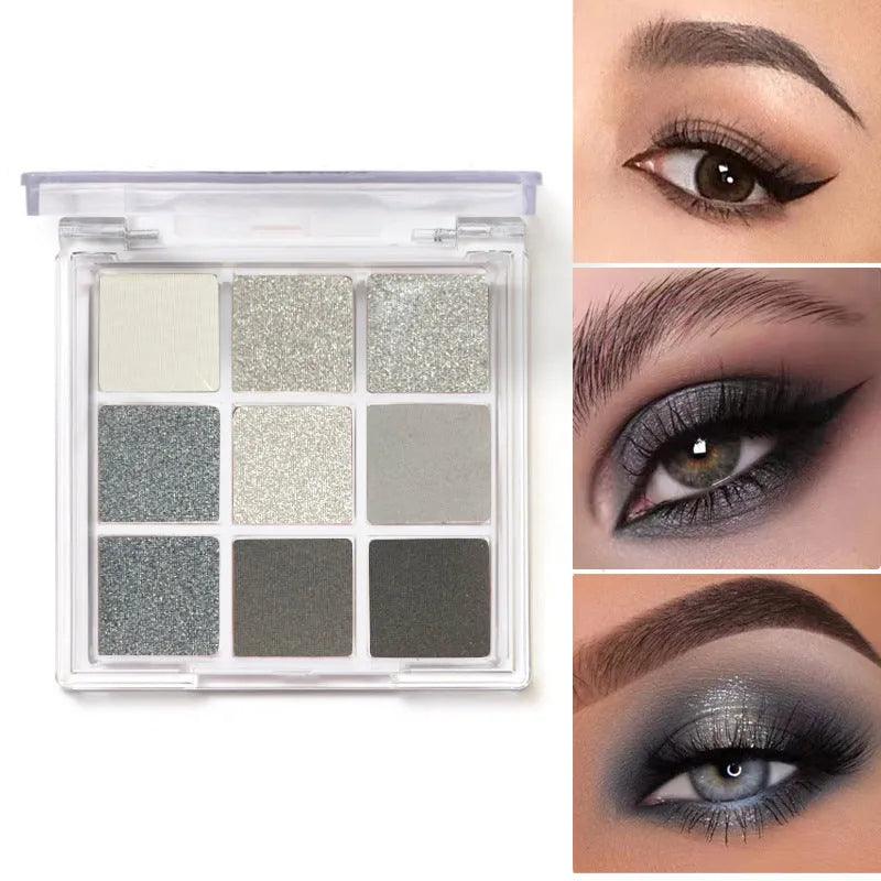 Nine-colour smoked theme eyeshadow palette showing white, silver, black, and iron grey shades