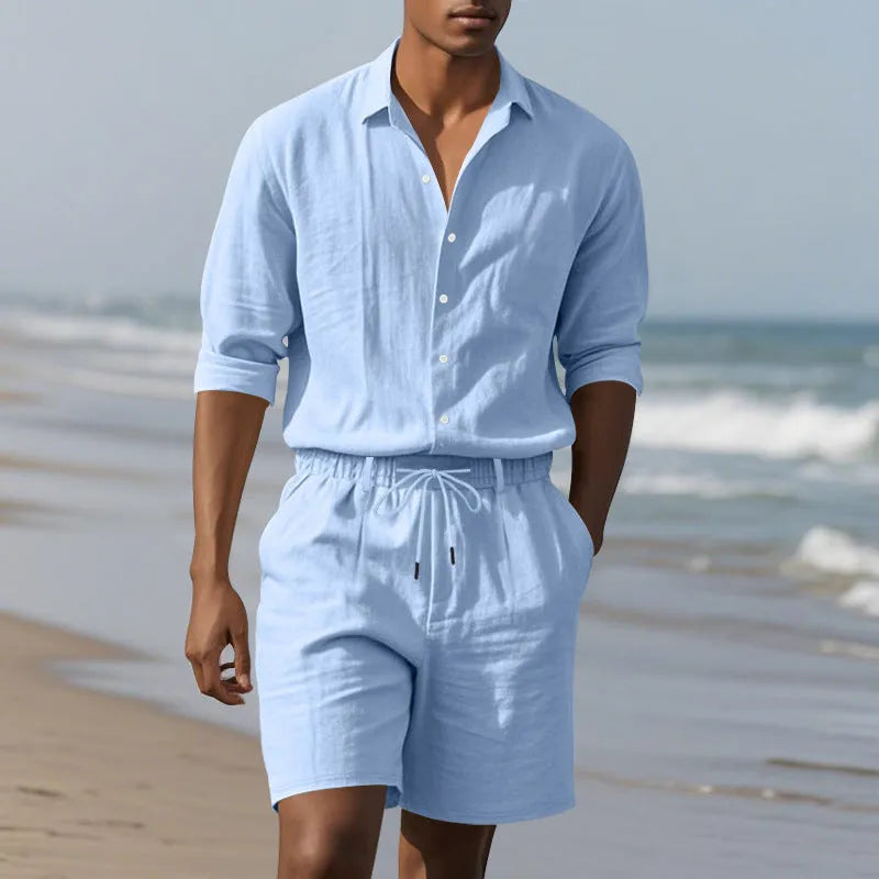 Linen two-piece beach suit set with long sleeve shirt and matching shorts in multiple colour options