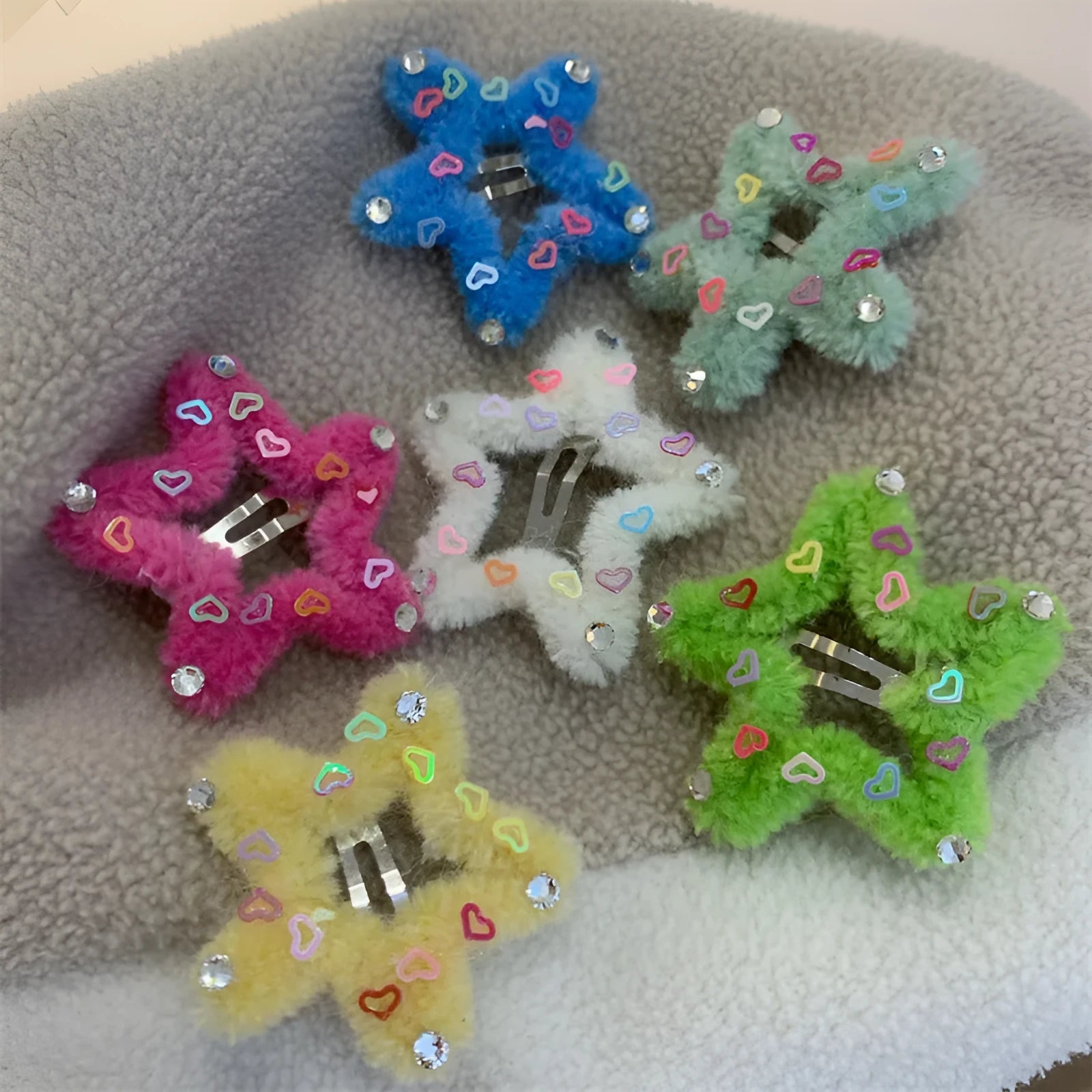 Plush diamond-encrusted five-pointed star edge hair clip for women, sweet cool style, side clip, green colour