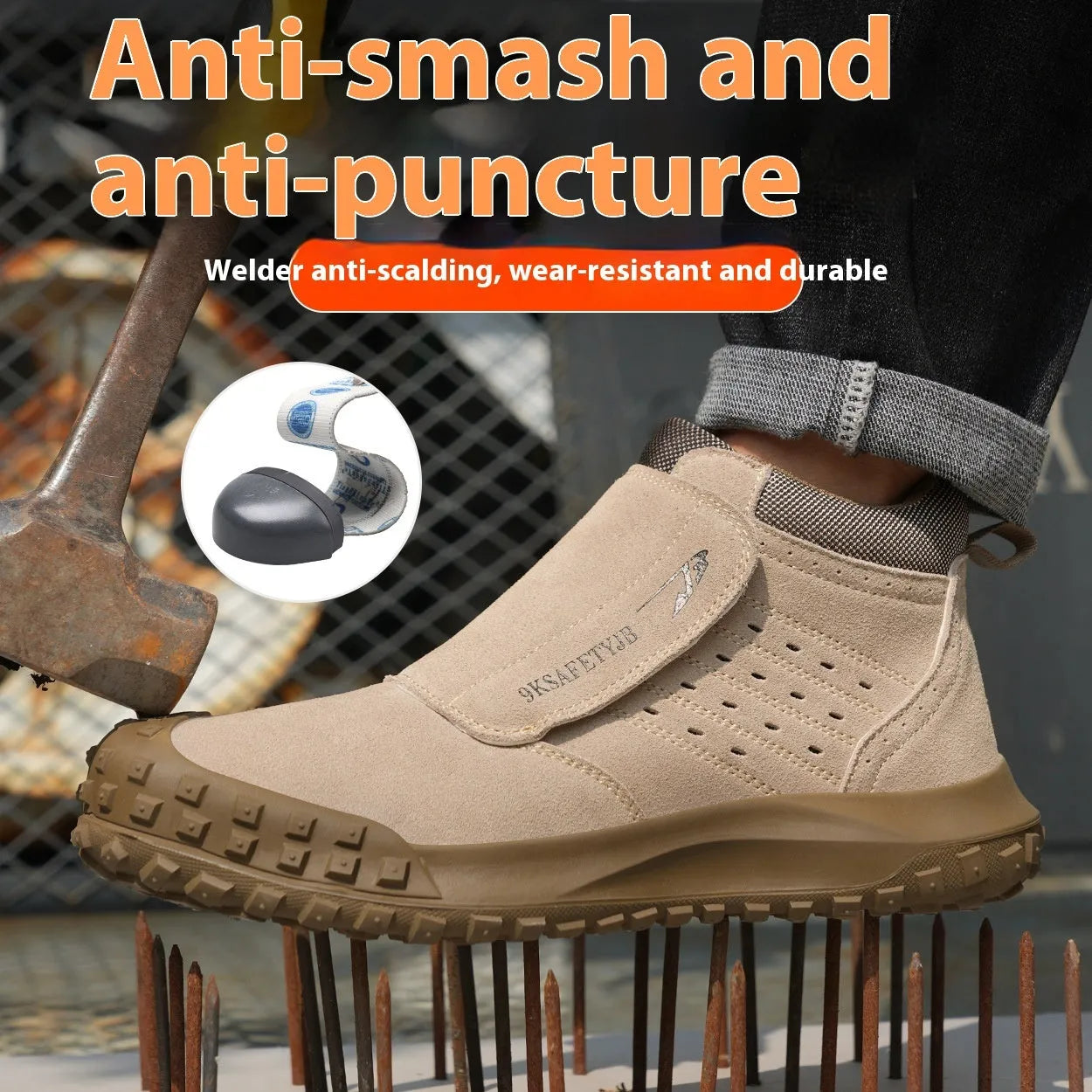 Lightweight steel toe cap safety shoes in sand colour with lace-up closure for industrial work