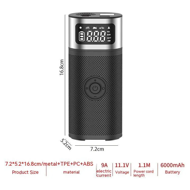 Black portable wireless smart vehicle air pump with a display, inflation tube, and multiple nozzles on a dark background.
