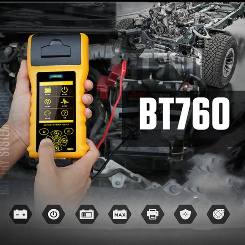 Autool BT760 colour screen vehicle battery tester with red and black clips and printed diagnostic receipt.